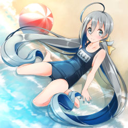 Rule 34 | 1girl, ahoge, ball, barefoot, beach, beachball, blue one-piece swimsuit, comah, day, flat chest, green eyes, grey eyes, grey hair, hair between eyes, highres, kantai collection, kiyoshimo (kancolle), long hair, looking at viewer, low twintails, name tag, one-piece swimsuit, school swimsuit, sitting, smile, solo, swimsuit, twintails, very long hair, wariza, waves