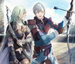 1boy 1girl armor arrow_(projectile) ashe_ubert belt black_armor black_cape black_jacket black_shorts bow_(weapon) breasts brown_pantyhose byleth_(female)_(fire_emblem) byleth_(fire_emblem) cape closed_mouth commentary_request fire_emblem fire_emblem:_three_houses freckles gloves green_eyes green_hair grey_hair hair_between_eyes holding holding_bow_(weapon) holding_weapon jacket long_hair medium_breasts navel nintendo open_mouth pantyhose pantyhose_under_shorts pauldrons short_shorts shorts shoulder_armor tunic upper_body weapon zat_296