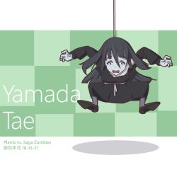 Rule 34 | 1girl, black footwear, black hair, breasts, buernia, bungee jumping, bungee zombie, character name, checkered background, green background, highres, long hair, medium breasts, open mouth, plants vs zombies, red eyes, simple background, solo, white background, yamada tae, zombie, zombie land saga