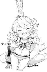 Rule 34 | 1girl, :d, ^ ^, bikini, blush, breasts, charlotta (granblue fantasy), cleavage, closed eyes, commentary request, crown, granblue fantasy, harvin, jingai modoki, long hair, monochrome, navel, open mouth, pointy ears, round teeth, simple background, small breasts, smile, solo, striped bikini, striped clothes, swimsuit, teeth, twitter username, upper teeth only, very long hair, white background