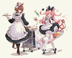 Rule 34 | 2girls, agnes digital (umamusume), agnes tachyon (umamusume), ahoge, alternate costume, animal ears, apron, beaker, black dress, black footwear, boots, bow, brown footwear, brown hair, closed mouth, crossed legs, dress, enmaided, erlenmeyer flask, flask, food, full body, gloves, hair bow, heart, holding, holding tray, horse ears, horse girl, horse tail, ketchup, long hair, long sleeves, looking at viewer, maid, maid apron, maid headdress, mary janes, medium hair, milkshake, multiple girls, omelet, omurice, open mouth, petticoat, pink hair, serving cart, shadow, shoes, simple background, smile, standing, tail, teapot, test tube, thighhighs, tray, two side up, umamusume, welchino, white gloves, white legwear, wrist cuffs