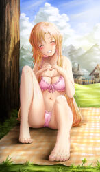 Rule 34 | 1girl, ^ ^, absurdres, asuna (sao), bare arms, bare legs, bare shoulders, barefoot, blanket, blush, bra, braid, breasts, chinese commentary, cleavage, closed eyes, cloud, clover, collarbone, commentary request, commission, day, eyelashes, facing viewer, feet, foreshortening, four-leaf clover, french braid, frilled bra, frilled panties, frills, full body, grass, grin, hair over shoulder, hands up, heart, heart hands, highres, knees up, large breasts, long hair, nail polish, navel, orange hair, outdoors, panties, pink bra, pink nails, pink panties, pixiv commission, plaid blanket, royboy, shiny skin, sidelocks, sitting, smile, straight hair, sword art online, thighs, toenail polish, toenails, toes, tree, underwear, very long hair