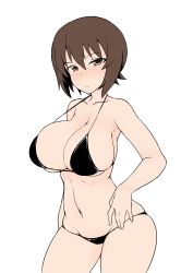 Rule 34 | 1girl, absurdres, bikini, black bikini, blush, breasts, brown eyes, brown hair, cleavage, closed mouth, commentary, cowboy shot, eyes visible through hair, frown, girls und panzer, groin, half-closed eyes, highres, large breasts, large breed (monster musume), looking at viewer, lowleg, lowleg bikini, navel, navel hair, nishizumi maho, shanaharuhi, short hair, simple background, skindentation, solo, standing, swimsuit, thighs, white background