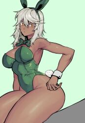 Rule 34 | 1girl, :|, animal ears, armpits, bare shoulders, bow, bowtie, breasts, closed mouth, commentary, covered navel, dark-skinned female, dark skin, expressionless, fake animal ears, fake tail, green background, green bow, green bowtie, green headband, green leotard, guilty gear, guilty gear strive, guilty gear xrd, hair between eyes, headband, highleg, highleg leotard, highres, large breasts, leotard, looking at viewer, medium hair, orange eyes, playboy bunny, rabbit ears, rabbit tail, ramlethal valentine, seong (wltjdfnfn), sitting, solo, strapless, strapless leotard, symbol-only commentary, tail, thick thighs, thighs, traditional bowtie, wrist cuffs