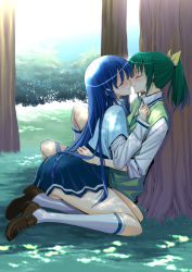 Rule 34 | 10s, 2girls, aoki reika, blue eyes, blue hair, bow, dappled sunlight, day, closed eyes, grass, green eyes, hair bow, imminent kiss, long hair, midorikawa nao, multiple girls, nature, outdoors, ponytail, precure, shade, shoes, skirt, sleeves rolled up, smile precure!, sunlight, takano saku, tree, tree shade, yuri