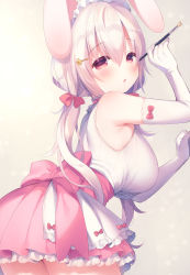 Rule 34 | 1girl, animal ears, arm up, ass, bare shoulders, blush, bow, breasts, brown background, chestnut mouth, commentary request, elbow gloves, gloves, gradient background, hair between eyes, hair bow, hair ornament, hairclip, highres, holding, holding paintbrush, large breasts, long hair, low twintails, maid headdress, original, paintbrush, parted lips, pleated skirt, rabbit ears, red bow, red eyes, shirt, silver hair, skirt, solo, twintails, usashiro mani, very long hair, white background, white gloves, white shirt, white skirt
