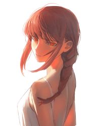 Rule 34 | 1girl, back, braid, braided ponytail, camisole, chainsaw man, highres, looking at viewer, looking back, makima (chainsaw man), medium hair, niroxin, red eyes, red hair, ringed eyes, sidelocks, simple background, solo, white background, white camisole