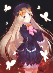 Rule 34 | 1girl, abigail williams (fate), absurdres, black background, black bow, black dress, black hat, black ribbon, blonde hair, bloomers, blue eyes, bow, bug, butterfly, closed mouth, cowboy shot, dress, expressionless, eyes visible through hair, fate/grand order, fate (series), floating hair, glowing butterfly, gradient background, hair bow, hands in opposite sleeves, hat, highres, holding, holding stuffed toy, holmemee, hugging object, insect, long hair, long sleeves, looking at viewer, orange bow, polka dot, polka dot bow, red background, ribbon, short dress, solo, sparkle, standing, straight hair, stuffed animal, stuffed toy, teddy bear, underwear, very long hair, white bloomers