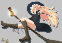 Rule 34 | 1girl, absurdres, aiming, aiming at viewer, bad id, bad pixiv id, black coat, black hat, blonde hair, blue eyes, boots, broom, broom riding, brown footwear, bullet hole, coat, commentary request, cross-laced footwear, finger on trigger, grey background, gun, hair between eyes, handgun, hat, high collar, high heel boots, high heels, highres, hiraya n, holding, holding gun, holding weapon, kirisame marisa, knee boots, lace-up boots, lantern, long hair, looking at viewer, looking down, short sleeves, shorts, signature, solo, torn clothes, torn hat, touhou, weapon, wing collar