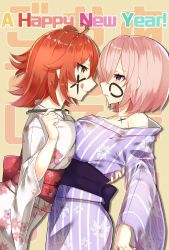 Rule 34 | 2girls, :q, absurdres, ahoge, alternate costume, arched back, bare shoulders, blush, bow, breast press, breasts, calligraphy brush, closed mouth, cowboy shot, drawing on another&#039;s face, expressionless, eye contact, facepaint, fate/grand order, fate (series), floral print, from side, fujimaru ritsuka (female), hand on another&#039;s back, happy birthday, highres, holding, japanese clothes, kimono, large breasts, long sleeves, looking at another, mash kyrielight, multiple girls, naughty face, new year, off shoulder, orange hair, paintbrush, parted lips, pink hair, profile, purple eyes, red bow, reirou (chokoonnpu), sash, short hair, side ponytail, standing, striped clothes, striped kimono, symmetrical docking, tongue, tongue out, white kimono, wide sleeves, yellow eyes, yuri