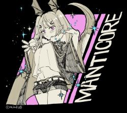 Rule 34 | 1girl, arknights, belt, black background, blue nails, blush, character name, cowboy shot, cropped legs, dog tags, fur-trimmed jacket, fur trim, groin, hair ornament, hairclip, hand up, head wings, highres, jacket, jewelry, kazato, long hair, looking at viewer, manticore (arknights), nail polish, navel, necklace, open clothes, open jacket, partially colored, pointy ears, purple background, purple eyes, shirt overhang, short shorts, shorts, simple background, solo, sparkle, tail, two-tone background, wings