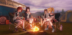 Rule 34 | 4girls, :o, absurdres, animal ear fluff, animal ears, arknights, backpacking stove, bare shoulders, black hair, black shirt, blonde hair, blush, brown eyes, brown footwear, brown hair, brown shirt, campfire, camping, camping chair, chair, cloud, commentary request, cooking, croissant (arknights), cup, eating, exusiai (arknights), eyebrows hidden by hair, fang, fire, firewood, food, forest, full body, grass, grey shirt, hair between eyes, halo, highres, holding, jacket, leg warmers, long hair, long sleeves, looking at another, looking down, mountain, multiple girls, nature, off-shoulder shirt, off shoulder, on chair, open mouth, outdoors, parted lips, penguin logistics (arknights), portable stove, pot, red eyes, red footwear, red hair, shirt, shoes, short hair, shorts, signature, sitting, sky, smile, sora (arknights), sweatdrop, tagme, tent, texas (arknights), white footwear, white jacket, white legwear, wolf ears, xilin, yellow eyes