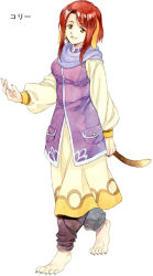 Rule 34 | 1girl, agahari, animal ears, arm at side, barefoot, black pants, breasts, brown eyes, character request, digitigrade, dog ears, dog girl, dog tail, dress, fingernails, full body, long sleeves, looking at viewer, lost technology, non-web source, outstretched hand, pants, pocket, puffy long sleeves, puffy sleeves, purple scarf, purple vest, red hair, scarf, sharp fingernails, sharp toenails, short hair with long locks, sidelocks, simple background, smile, solo, tail, toenails, vest, walking, white background, yellow dress
