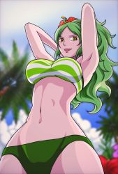 Rule 34 | 1girl, adjusting hair, armpits, bikini, blurry, depth of field, from below, green hair, hand in own hair, hands up, highres, long hair, looking at viewer, monet (one piece), navel, one piece, open mouth, outdoors, palm tree, smile, solo, stomach, striped bikini, striped clothes, swimsuit, tree, yellow eyes