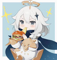 Rule 34 | 1girl, absurdres, blue eyes, blush, burger, dress, eating, food, genshin impact, grey hair, hair between eyes, hair ornament, halo, highres, holding, holding food, long sleeves, measho, mouth hold, paimon (genshin impact), scarf, simple background, solo, sparkle, sweat, two-tone background, white dress