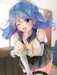 Rule 34 | 1girl, aono (f i s), bare shoulders, beret, blue eyes, blue hair, breasts, cleavage, double bun, elbow gloves, gloves, hair bun, hair ornament, hat, highres, kantai collection, large breasts, leaning forward, long hair, looking at viewer, neckerchief, one eye closed, open mouth, pleated skirt, sailor hat, school uniform, serafuku, skirt, sleeves rolled up, smile, solo, standing, urakaze (kancolle), white gloves, white hat, window, yellow neckerchief