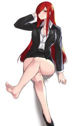Rule 34 | 1girl, barefoot, blush, breasts, business suit, cleavage, fate/grand order, fate (series), feet, formal, hair over one eye, highres, crossed legs, long hair, looking at viewer, miniskirt, oda nobunaga (fate), oda nobunaga (koha-ace), open clothes, open shirt, red eyes, red hair, shoes, unworn shoes, single shoe, sitting, skirt, soles, suit, toes
