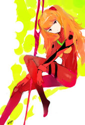 Rule 34 | 1girl, artist request, between legs, bident, bodysuit, bracer, breasts, expressionless, from side, full body, gloves, hair ornament, hand on own knee, head tilt, interface headset, knee up, lance of longinus (evangelion), long hair, looking at viewer, neon genesis evangelion, orange hair, pilot suit, plugsuit, polearm, red eyes, sitting, sketch, small breasts, solo, souryuu asuka langley, spear, turtleneck, weapon