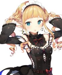 Rule 34 | 1girl, adjusting hair, aqua eyes, black dress, blonde hair, blush, breasts, bunching hair, cross, cross earrings, curly hair, detached collar, detached sleeves, dress, earrings, gothic lolita, highres, holding, holding own hair, jewelry, lace-trimmed sleeves, lace trim, lolita fashion, long hair, looking at viewer, maid, maid headdress, medium breasts, niito, original, parted lips, pointy ears, red ribbon, ribbon, simple background, solo, striped clothes, striped dress, upper body, vertical-striped clothes, vertical-striped dress, white background