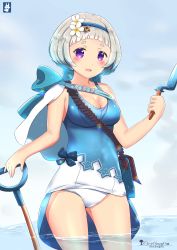 Rule 34 | 1girl, artist logo, artist name, bad id, bad pixiv id, bag, blunt bangs, blush, bow, breasts, capelet, chinchongcha, cleavage, cloud, cloudy sky, cowboy shot, day, fire emblem, fire emblem heroes, flower, hair flower, hair ornament, hairband, highres, looking at viewer, medium breasts, nintendo, ocean, one-piece swimsuit, open mouth, outdoors, partially submerged, purple eyes, short hair, shoulder bag, shovel, silver hair, sky, smile, solo, swimsuit, thighs, wading, wet, ylgr (fire emblem)