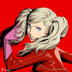 Rule 34 | 1girl, artist name, blue eyes, bodysuit, floating hair, gloves, grin, hair ornament, hairclip, hayatetsujimoto, highres, long hair, persona, persona 5, pink gloves, red background, red bodysuit, silver hair, simple background, smile, solo, swept bangs, takamaki anne, upper body