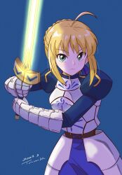 Rule 34 | 1girl, absurdres, ahoge, armor, armored dress, artoria pendragon (all), artoria pendragon (fate), blonde hair, breasts, closed mouth, commentary, dated, dress, excalibur (fate/stay night), fate/grand order, fate/stay night, fate (series), gauntlets, green eyes, hair ribbon, highres, long hair, long sleeves, looking at viewer, medium breasts, ribbon, saber (fate), solo, sword, tsunemoku, weapon
