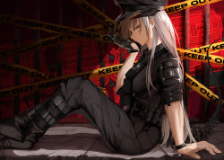 Rule 34 | 1girl, absurdres, aokuma (yuuran create), arknights, arm support, biting, black footwear, black hat, boots, breasts, bulletproof vest, caution tape, commentary, dragon girl, dragon horns, dragon tail, from side, glove biting, gloves, hat, highres, horns, huge filesize, keep out, knees up, long hair, looking at viewer, looking to the side, medium breasts, official alternate costume, orange eyes, police, police hat, police uniform, saria (arknights), saria (the law) (arknights), sideways glance, silver hair, single glove, sitting, sleeves rolled up, solo, tactical clothes, tail, uniform, walkie-talkie