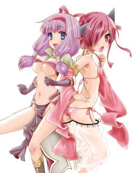 Rule 34 | 2girls, animal ears, arima natsubon, ass, bare shoulders, bikini, blue eyes, blush, boots, breasts, butt crack, choker, detached sleeves, elbow gloves, flat chest, gloves, gypsy (ragnarok online), hair over one eye, hair tubes, hairband, harem pants, highres, large breasts, locked arms, mage (ragnarok online), multiple girls, navel, no panties, o-ring, o-ring top, open mouth, pants, pelvic curtain, purple hair, ragnarok online, red eyes, red hair, see-through, short hair, side-tie bikini bottom, simple background, swimsuit, twintails, underboob