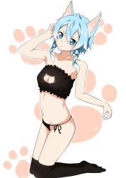 Rule 34 | 1girl, animal ears, arm up, bad id, bad pixiv id, bandeau, bare arms, bare shoulders, black bra, black panties, black ribbon, black thighhighs, blue eyes, blue hair, blush, bra, breasts, cat ears, cat lingerie, cleavage, cleavage cutout, closed mouth, clothing cutout, collarbone, commentary request, frilled bra, frills, hair between eyes, hair ribbon, head tilt, highres, kneeling, long hair, looking at viewer, medium breasts, meme attire, navel, nogi lief, over-kneehighs, panties, paw print, paw print background, ribbon, side-tie panties, sinon, solo, strapless, strapless bra, sword art online, thighhighs, twitter username, underwear, underwear only, v-shaped eyebrows, white background