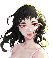 Rule 34 | 1girl, absurdres, black hair, cocoro moto, collarbone, dress, highres, medium hair, mole, mole under mouth, original, parted lips, portrait, red eyes, simple background, strap slip, thick lips, wavy hair, white background, white dress
