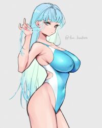 Rule 34 | 1girl, aqua hair, blue one-piece swimsuit, breasts, competition swimsuit, covered erect nipples, covered navel, grey background, grey eyes, highleg, highleg swimsuit, highres, holding, holding hair, large breasts, one-piece swimsuit, original, simple background, solo, swimsuit, taka oedo, twitter username, two-tone swimsuit