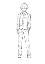 Rule 34 | 1boy, closed mouth, greyscale, hair between eyes, hand in pocket, highres, male focus, monochrome, necktie, original, qiongsheng, simple background, sketch, solo, standing, uniform, white background