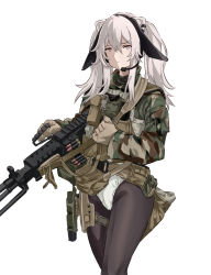 Rule 34 | 1girl, ammunition, ammunition belt, ammunition box, ammunition pouch, animal ear piercing, animal ears, bipod, body armor, brown gloves, buckle, camouflage, camouflage jacket, closed mouth, collared jacket, commentary, feet out of frame, fn minimi, gloves, green jacket, grey eyes, gun, gun sling, handgun, handle, headset, highres, holding, holding gun, holding weapon, hololive, holster, holstered, jacket, leotard, light machine gun, lion ears, lion girl, load bearing equipment, long hair, long sleeves, looking at viewer, machine gun, microphone, mutugorou u, neck warmer, pantyhose, playboy bunny, pocket, pouch, rifle cartridge, shishiro botan, simple background, snap-fit buckle, solo, tactical playboy bunny, thigh holster, virtual youtuber, weapon, white background, white leotard, white pantyhose, woodland camouflage