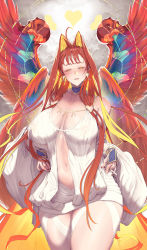 Rule 34 | 1girl, ahoge, aphrodite (fate), bare shoulders, blush, breasts, cigarette, cleavage, collarbone, detached collar, dress, earrings, fate/grand order, fate (series), hair intakes, hands on own hips, heart, heart earrings, ion (cation), jewelry, large breasts, long sleeves, looking at viewer, multiple wings, nail polish, navel, necklace, parted lips, red hair, red wings, skull, solo, thighs, white dress, wings