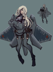 1girl absurdres aircraft airplane bare_shoulders blonde_hair blue_eyes fighter_jet ftsagy full_body highres jet long_hair military_vehicle non-web_source original personification prisoner restrained russian_air_force scar shirt sketch striped_clothes striped_shirt su-57 telnyashka thighhighs wings