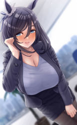 Rule 34 | 1girl, anetani kiki, animal ears, black jacket, black pantyhose, blue eyes, blue shirt, blurry, blurry background, blush, breasts, cleavage, commentary request, eishin flash (umamusume), hair between eyes, hand in own hair, highres, horse girl, huge breasts, indoors, jacket, large breasts, leaning forward, looking at viewer, miniskirt, office lady, open mouth, pantyhose, shirt, skirt, smile, umamusume, window