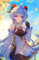 Rule 34 | 1girl, ahoge, bare shoulders, bell, black pantyhose, blue hair, blush, breasts, commentary, detached sleeves, dusk, ganyu (genshin impact), genshin impact, gold trim, horns, leaf, long hair, looking at viewer, medium breasts, neck bell, open mouth, outdoors, pantyhose, purple eyes, red rope, rope, shanshanziyu, sidelocks, signature, smile, solo, tassel, white sleeves