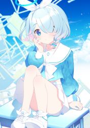 Rule 34 | 1girl, alpha (yukai na nakamatachi), arona (blue archive), blue archive, blue eyes, blue hair, blue serafuku, blue shirt, blue sky, blurry, bow, braid, cloud, collarbone, colored inner hair, commentary request, day, depth of field, footwear bow, hair over one eye, hairband, halo, hand on own cheek, hand on own face, hand on table, hand up, highres, knees up, long bangs, long sleeves, looking at viewer, midriff peek, miniskirt, multicolored hair, on table, open mouth, outdoors, partial commentary, pink hair, pleated skirt, sailor collar, school uniform, serafuku, shirt, shoes, short hair, side braid, sitting, skirt, sky, solo, table, thighs, white bow, white footwear, white hairband, white sailor collar, white skirt