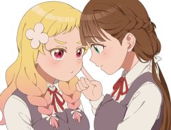 Rule 34 | 2girls, annoyed, blonde hair, blunt bangs, blush, braid, breasts, brown hair, cheek poking, closed mouth, commentary, eye contact, flower, french braid, gradient hair, green eyes, hair flower, hair ornament, hair ribbon, half updo, highres, jenny (artist), long hair, looking at another, love live!, love live! superstar!!, low twintails, medium breasts, multicolored hair, multiple girls, onitsuka natsumi, poking, pout, red eyes, ribbon, sakurakoji kinako, school uniform, smile, twin braids, twintails, white background, yuigaoka school uniform, yuri