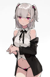 Rule 34 | 1girl, aiko (kanl), bare shoulders, black jacket, black panties, breasts, buttons, check commentary, chinese commentary, closed mouth, collared shirt, commentary request, cowboy shot, crop top, dress shirt, expressionless, grey hair, grey shirt, groin, hair ribbon, highres, jacket, looking at viewer, medium hair, mole, mole under eye, navel, no pants, off shoulder, open clothes, open jacket, original, own hands together, panties, red eyes, ribbon, sanpaku, shirt, simple background, sleeveless, sleeveless shirt, small breasts, solo, stomach, tana (aiko), thighs, two side up, underwear, white background