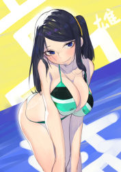 Rule 34 | 1girl, adapted costume, bad id, bad pixiv id, beijuu, bikini, black hair, blue eyes, blush, breast hold, breasts, cleavage, embarrassed, grin, head tilt, krt girls, large breasts, leaning forward, legs, lips, long hair, looking at viewer, side ponytail, smile, solo, swimsuit, thighs, translation request, xiao qiong