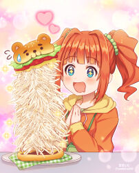 Rule 34 | + +, 1girl, artist name, bean sprout, blue eyes, bow, brown hair, burger, cheese, dot nose, drooling, flying sweatdrops, food, green bow, hair bow, hands up, heart, highres, hood, hood down, hoodie, idolmaster, idolmaster (classic), idolmaster million live!, idolmaster million live! theater days, lettuce, long sleeves, looking at another, meat, mouth drool, multicolored background, open mouth, orange hoodie, own hands together, plate, sesame seeds, smile, solo, soramame tomu, sparkle, sweatdrop, table, takatsuki yayoi, tomato, twintails, twitter username, wallet