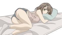 Rule 34 | 1girl, ass, bare shoulders, bed, blue shorts, blush, breasts, brown eyes, brown hair, covered mouth, hair ornament, hairclip, kandagawa jet girls, large breasts, looking at viewer, lying, namiki rin, on bed, on stomach, panties, panties under shorts, pillow, pink panties, pink shirt, shiny skin, shirt, short hair, shorts, simple background, solo, underwear, watanabegenn, white background
