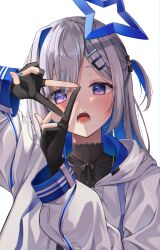 Rule 34 | 1girl, absurdres, amane kanata, amane kanata (work), blue hair, blue nails, blush, colored inner hair, commentary, fangs, fingerless gloves, gloves, grey hair, hair ornament, hairclip, halo, highres, hololive, jacket, long hair, long sleeves, looking at viewer, multicolored hair, multicolored nails, nail polish, open mouth, partially fingerless gloves, pink nails, purple eyes, simple background, sira (user dswn7488), star halo, teeth, two-tone hair, upper body, virtual youtuber, white background, white jacket