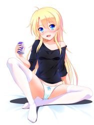 Rule 34 | 10s, 1girl, :d, ahoge, aqua panties, black shirt, blonde hair, blush, bow, bow panties, can, collarbone, full body, groin, head tilt, highres, holding, holding can, new game!, no pants, no shoes, nose blush, off shoulder, open mouth, panties, shirt, sitting, smile, solo, spread legs, thighhighs, underwear, white thighhighs, yagami-all hail nanao, yagami kou