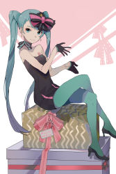Rule 34 | 1girl, absurdly long hair, anniversary, aqua eyes, aqua hair, artist name, artist request, bare shoulders, black dress, black gloves, black high heels, black shirt, blue eyes, blue hair, blue legwear, blush, bow, box, breasts, dress, earrings, female focus, full body, gift, gift box, gloves, hair bow, hatsune miku, high heels, highres, jewelry, long hair, looking at viewer, medium breasts, neetsha, pink background, ribbon, ribbpn, shirt, sitting, smile, solo, striped, striped bow, tattoo, tongue, tongue out, twintails, very long hair, vocaloid