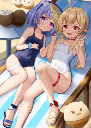 Rule 34 | 2girls, absurdres, ahoge, alternate costume, beach chair, blue one-piece swimsuit, braid, breasts, choker, collarbone, commentary request, full body, genshin impact, hair between eyes, hairband, highres, holding hands, jiangshi, jumpy dumpty, klee (genshin impact), light brown hair, long hair, looking at viewer, low ponytail, low twintails, lying, multiple girls, ofuda, old school swimsuit, on back, one-piece swimsuit, orange eyes, pointy ears, purple eyes, purple hair, qiqi (genshin impact), school swimsuit, sidelocks, single braid, skym (kumei), sleeveless, small breasts, swimsuit, thighs, twintails, v, white one-piece swimsuit, wristband