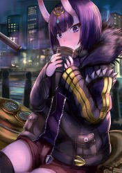Rule 34 | 1girl, absurdres, alternate costume, black thighhighs, city, coffee cup, commentary request, cup, disposable cup, drinking, fate/grand order, fate (series), fur trim, hands up, highres, jacket, leaning on object, looking at viewer, motor vehicle, motorcycle, night, okitsugu, open clothes, open jacket, outdoors, parka, purple eyes, purple hair, short hair, shorts, shuten douji (fate), sitting, sleeves past wrists, solo, steam, thick eyebrows, thighhighs, tsurime