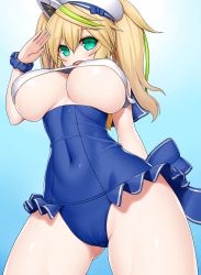 Rule 34 | 1girl, :d, aqua eyes, asamura hiori, beret, blonde hair, blue background, blue one-piece swimsuit, blush, breasts, covered clitoris, covered navel, fang, from below, gene (pso2), gluteal fold, hat, highres, large breasts, long hair, looking at viewer, one-piece swimsuit, open mouth, phantasy star, phantasy star online 2, salute, scrunchie, simple background, smile, solo, standing, swimsuit, thighs, twintails, underboob, white hat, wrist scrunchie