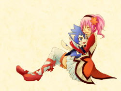 Rule 34 | 1boy, 1girl, alfa system, blue eyes, blush, coat, closed eyes, frills, hairband, hetero, hug, kanonno grassvalley, long hair, open mouth, pink hair, ribbon, rocksprings, shoes, skirt, tales of (series), tales of the world radiant mythology 3, thighhighs, wings
